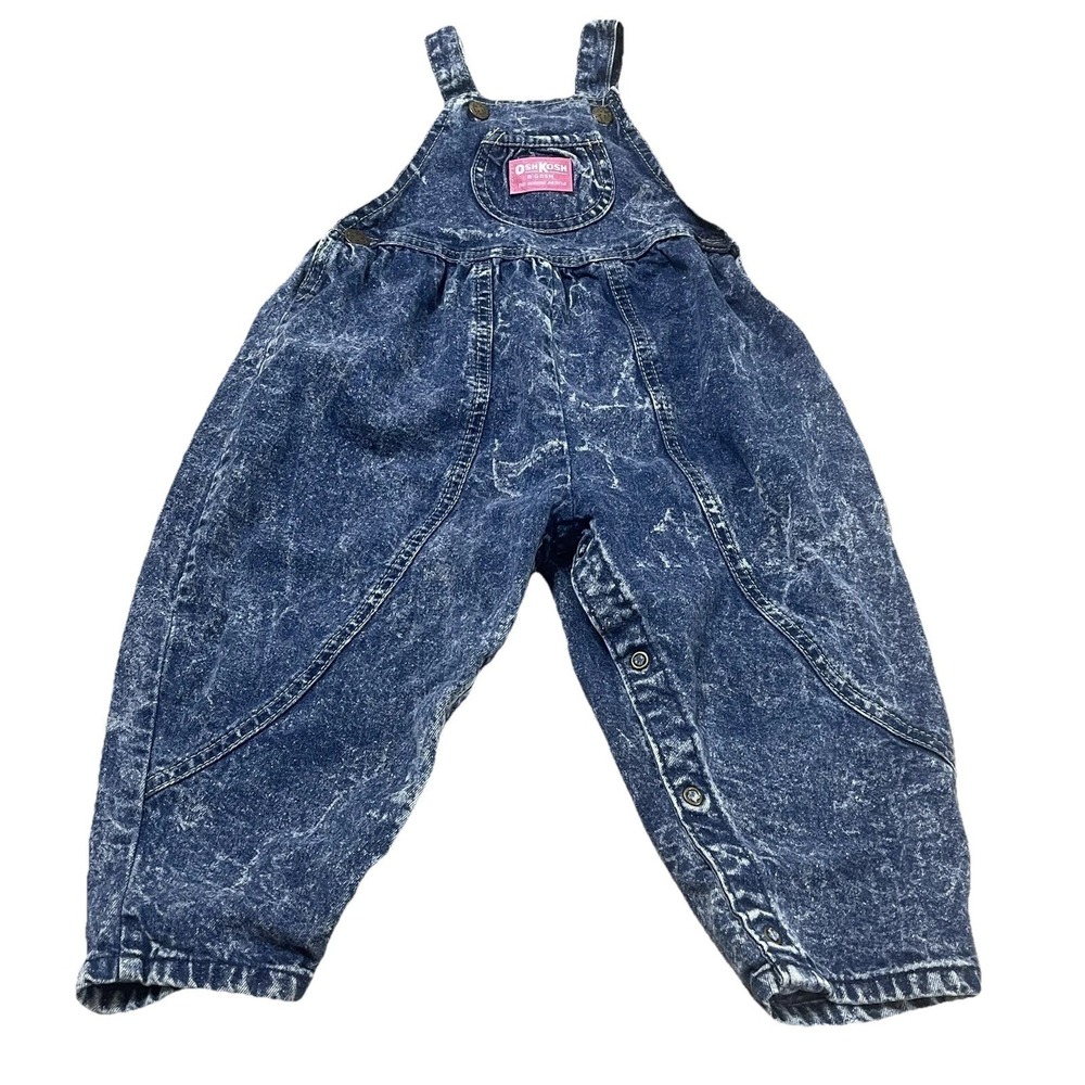 Oshkosh B'Gosh Vintage Bubble Overalls Pink Label Vest Back Acid Wash Blue 4T